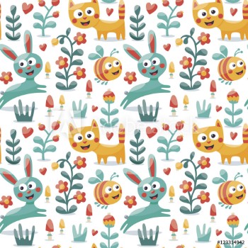 Picture of Seamless cute animal pattern made with cat hare rabbit bee flower plant leaf berry heart friend floral kitten